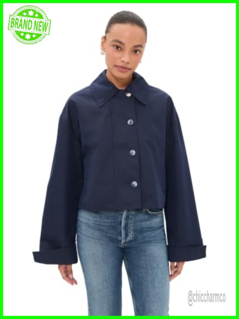 Women's Cropped Trench Coat Cotton Polyester Twill Long Sleeve